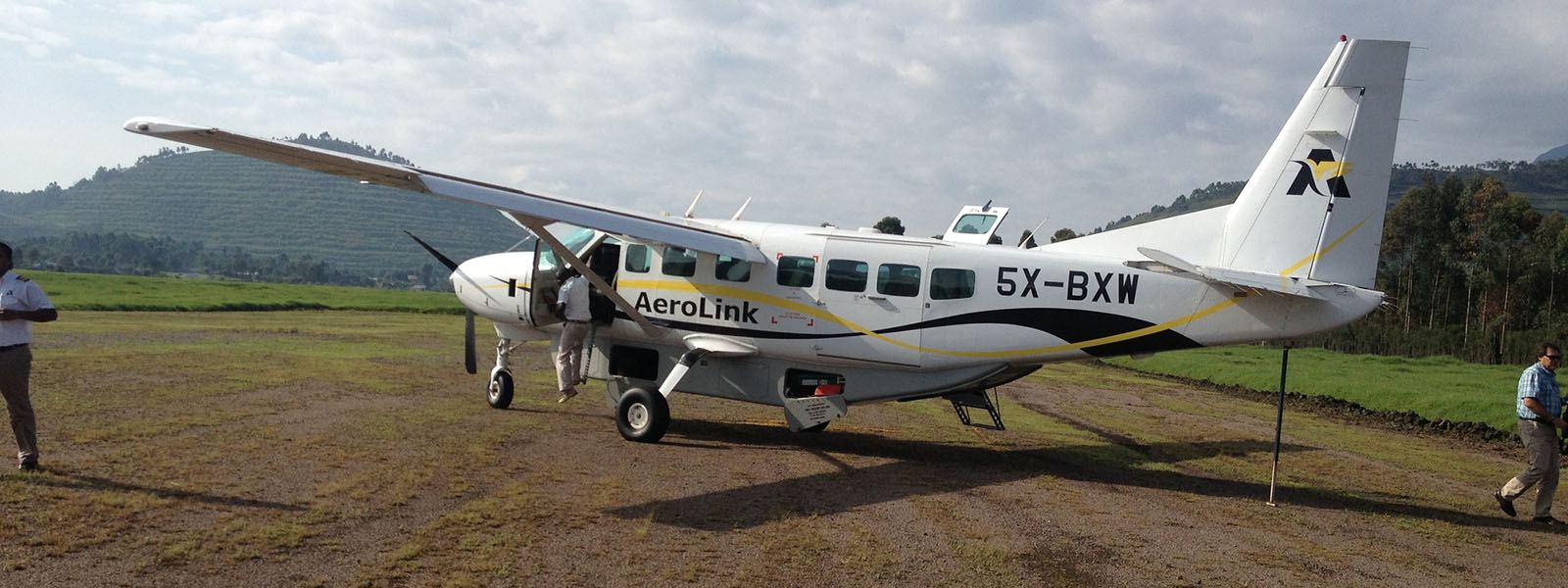 Light aircraft on an airstrip for a fly-in gorilla safari